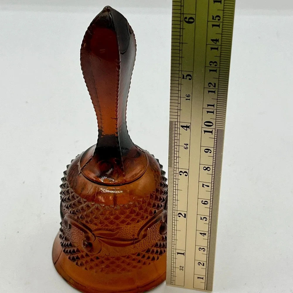 Vintage Amber Glass Hand Bell Diamond Point Scroll Pattern 6